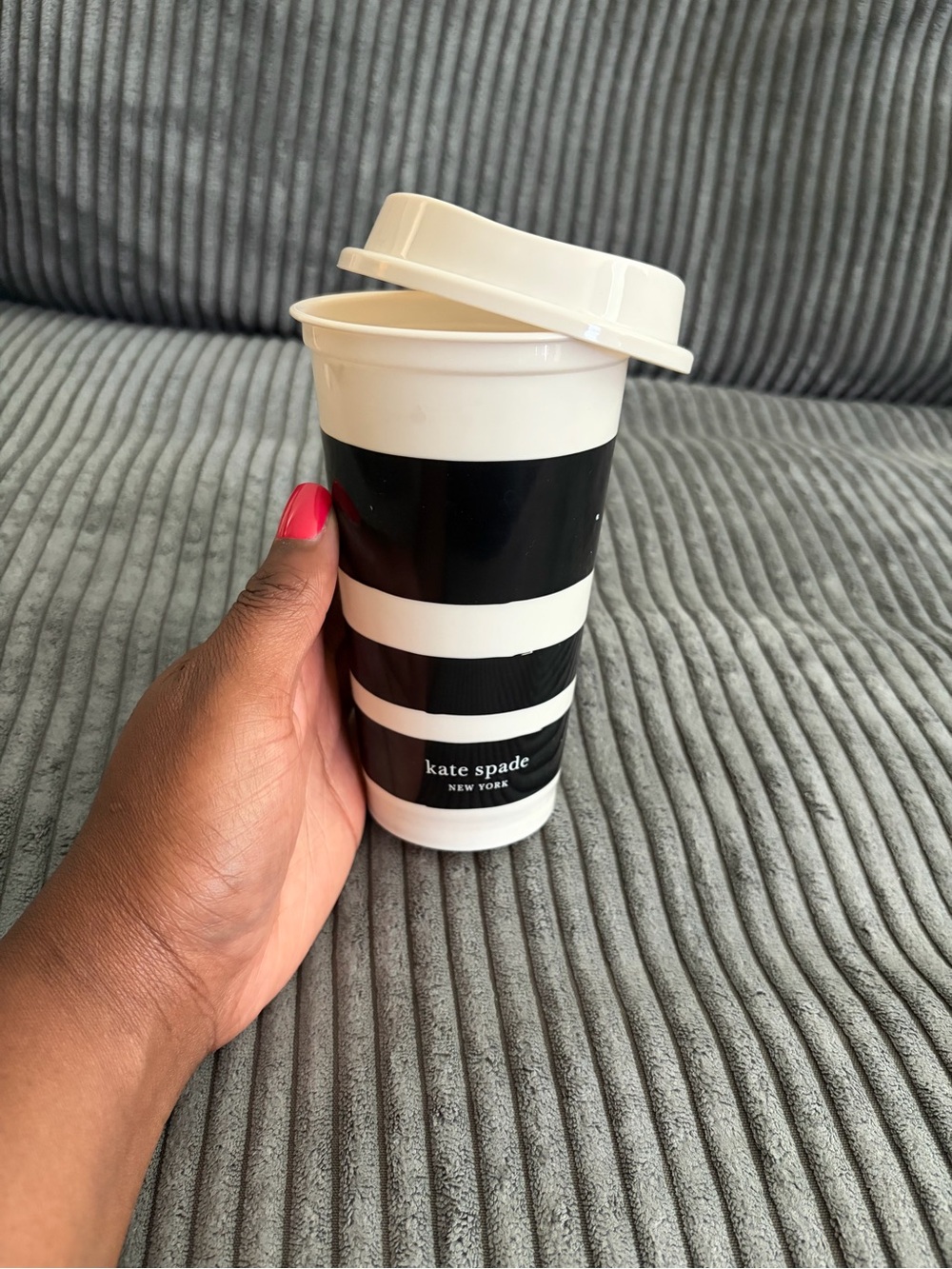 kate spade Black and White Striped Travel Cup with Cream Lid